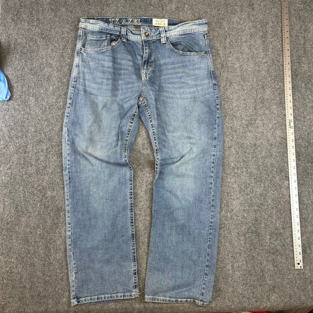TK Axel Slim Boot Jeans Mens 38x32 Light Wash Blue Denim Flap Pocket Distressed
